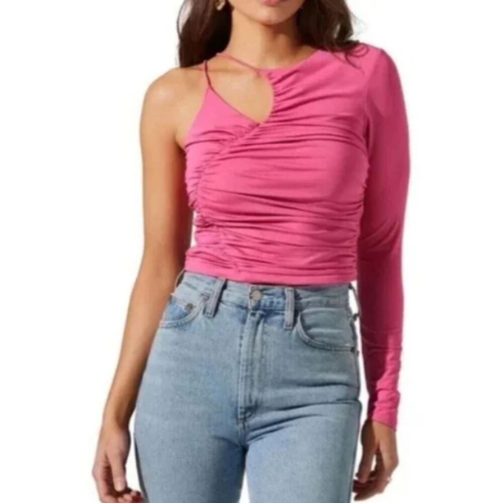 ASTR The Label Pink Punch One Shoulder Ruched Cutout Top Size Medium